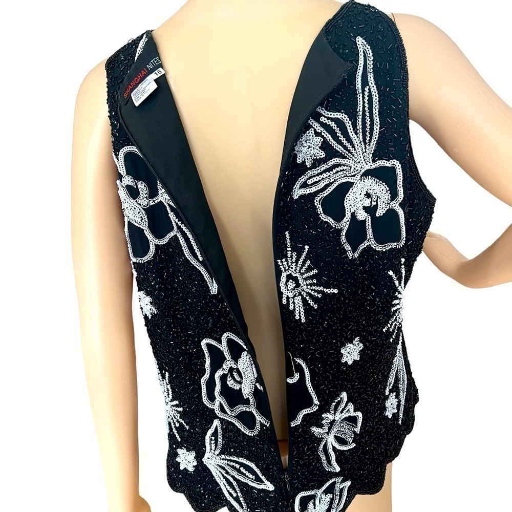VTG Shanghai Nites Silk Beaded White/Black Top with bugle beads/sequins Size 16 - Picture 11 of 14
